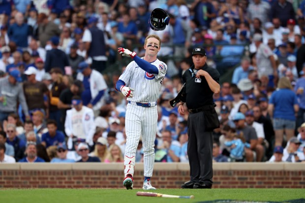 Cubs center fielder Pete Crow-Armstrong tosses his helmet after striking out to end the seventh inning of Game 2 of the NL wild-card series against the Padres on Wednesday, Oct. 1, 2025 at Wrigley Field. (Chris Sweda/Chicago Tribune)