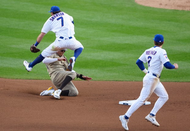 Cubs shortstop Dansby Swanson (7) turns a double play over...