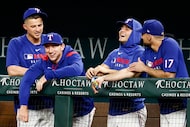 Texas Rangers players Corey Seager (from left), Wyatt Langford, Jack Leiter and Nathan...