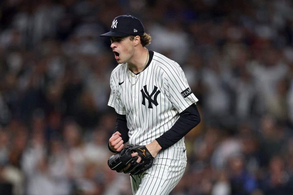 Cam Schlittler celebrates in the fifth inning in game three of the American League Wild Card Series at Yankee Stadium on October 2, 2025.