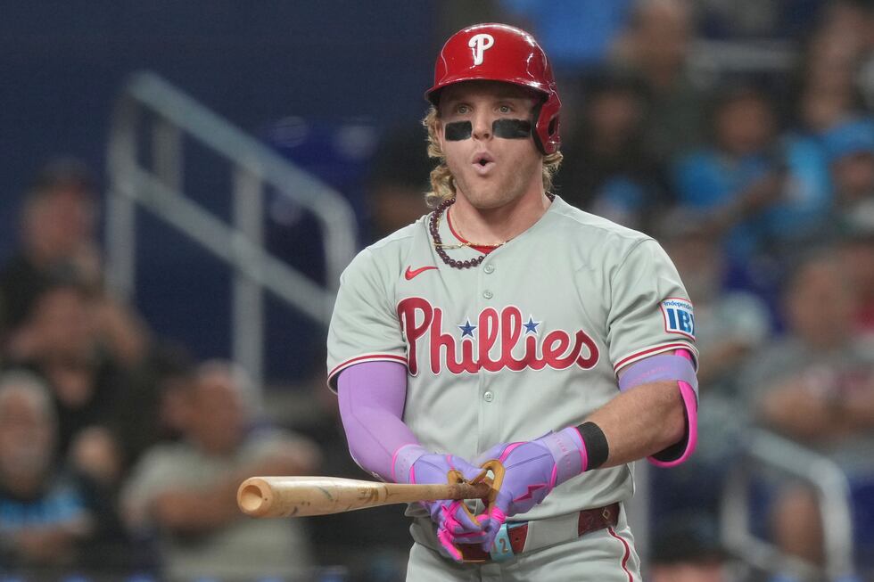 Philadelphia Phillies outfielder Harrison Bader (2) reacts after striking out during the fifth...