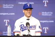 Rangers new Manager Skip Schumaker answers questions during a press conference on Friday,...