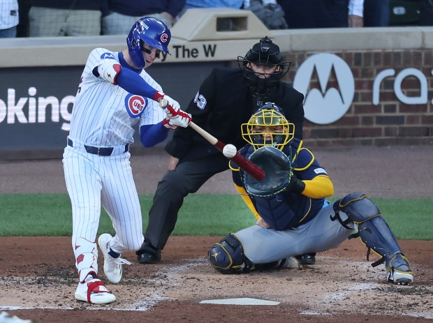 Chicago Cubs center fielder Pete Crow-Armstrong drives in two runs...