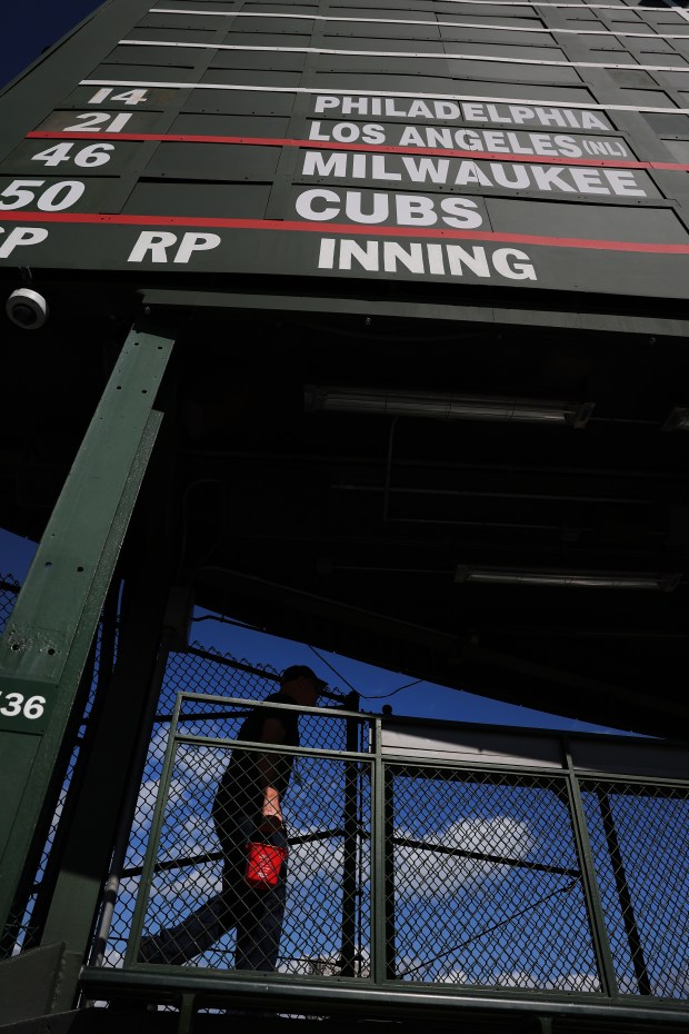 The Wrigley Field manual scoreboard is set for Game 3...