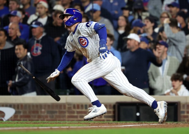 Cubs third baseman Matt Shaw drives in a run on...