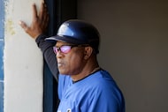 FILE - New York Mets coach Sandy Alomar Sr. watches from the dugout as the Mets play the...