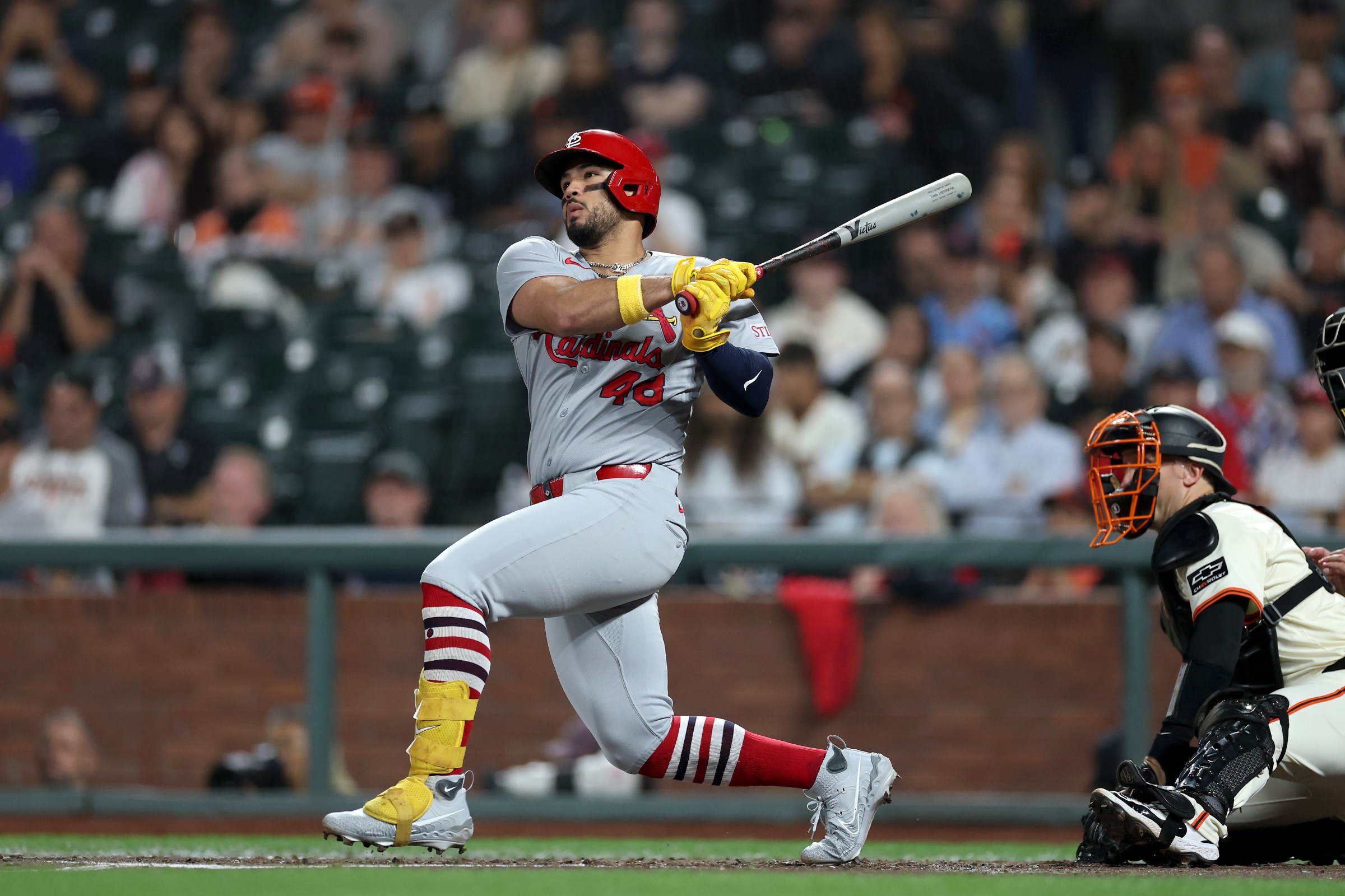 SAN FRANCISCO, CALIFORNIA - SEPTEMBER 24: Iván Herrera #48 of the St. Louis Cardinals hits a single that scored a run against the San Francisco Giants in the third inning at Oracle Park on September 24, 2025 in San Francisco, California. (Photo by Ezra Shaw/Getty Images)