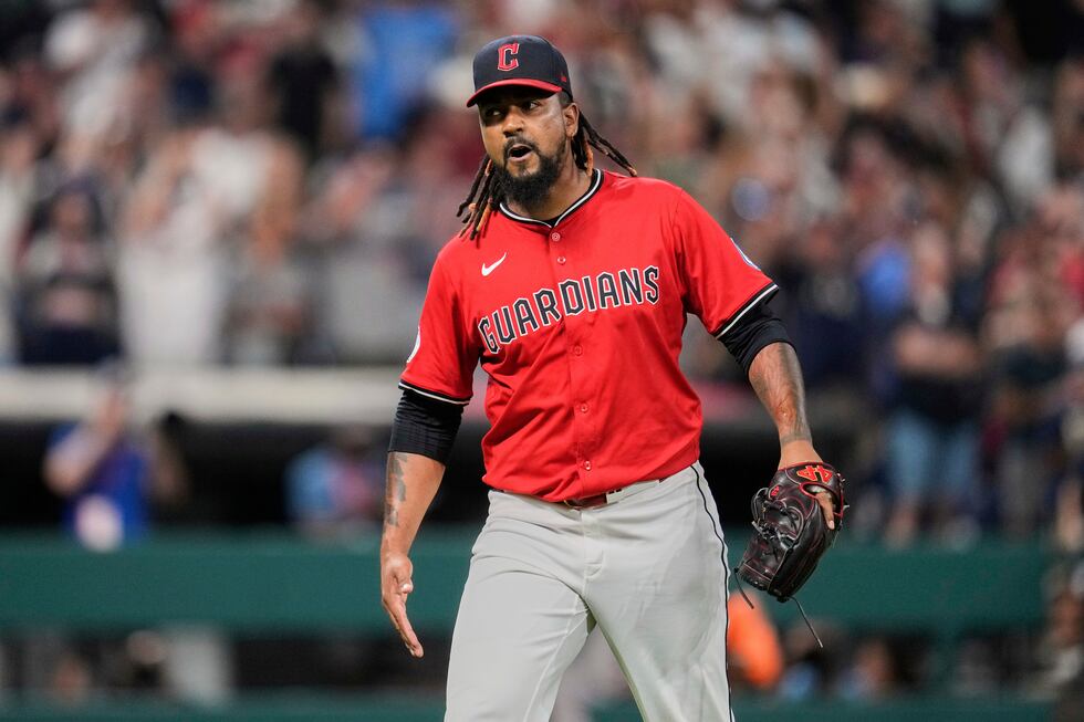 Cleveland Guardians pitcher Emmanuel Clase reacts after the Guardians defeated the Baltimore...