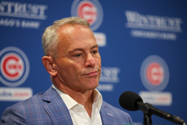 Chicago Cubs President of Baseball Operations Jed Hoyer answers questions during a press conference at Wrigley Field on Oct. 15, 2025. (Eileen T. Meslar/Chicago Tribune)