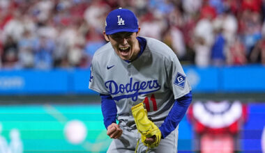 Los Angeles Dodgers pitcher Roki Sasaki reacts after the Dodgers defeated the Philadelphia Phillies in Game 1 of baseball