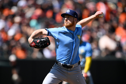 FILE - Tampa Bay Rays relief pitcher Richard Lovelady (55) in action during a baseball game against the Baltimore Orioles, Sept. 8, 2024, in Baltimore. (AP Photo/Nick Wass, File)