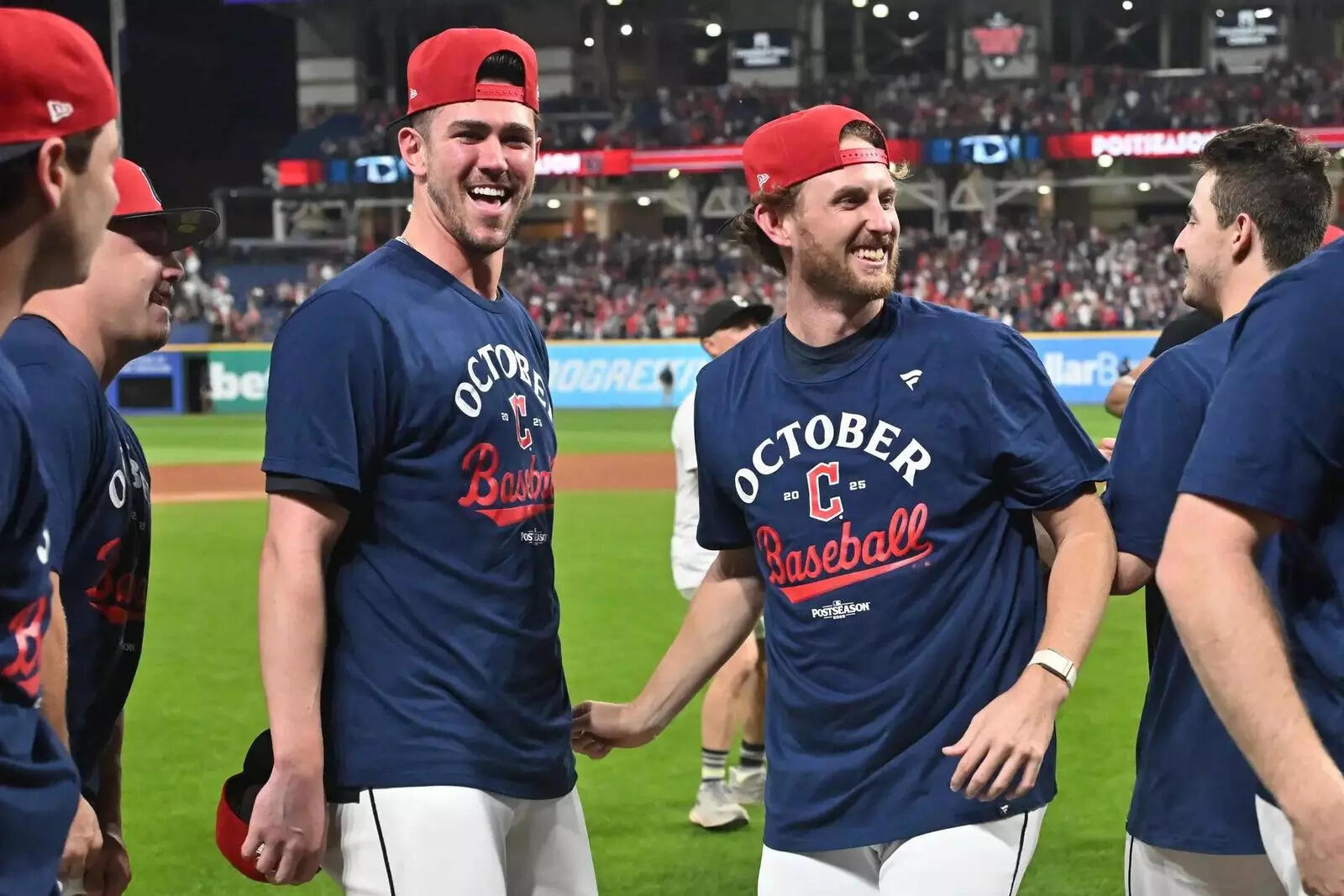 Cleveland Guardians outfielder Nolan Jones celebrates with starting pitcher Tanner Bibee (28) after the Guardians beat the Texas Rangers (Image via Imagn) Cleveland Guardians outfielder Nolan Jones celebrates with starting pitcher Tanner Bibee (28) after the Guardians beat the Texas Rangers