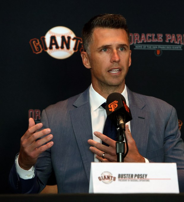 San Francisco Giants new president of baseball operations Buster Posey takes part in a press conference on Tuesday, Oct. 1, 2024, in San Francisco, Calif (Aric Crabb/Bay Area News Group)