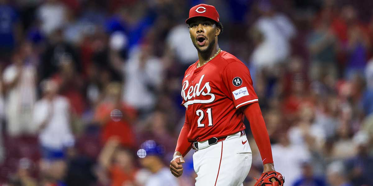 Cincinnati Reds starting pitcher Hunter Greene (21) reacts after the victory over the Chicago Cubs at Great American Ball Park.