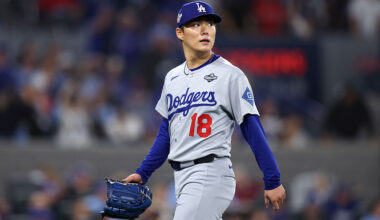TORONTO, ONTARIO - OCTOBER 25: Yoshinobu Yamamoto #18 of the Los Angeles Dodgers reacts against the Toronto Blue Jays during the eighth inning in game two of the 2025 World Series at Rogers Center on October 25, 2025 in Toronto, Ontario.