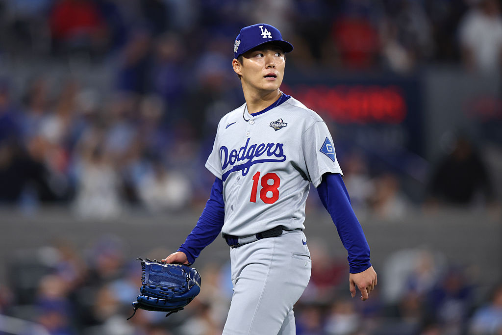 TORONTO, ONTARIO - OCTOBER 25: Yoshinobu Yamamoto #18 of the Los Angeles Dodgers reacts against the Toronto Blue Jays during the eighth inning in game two of the 2025 World Series at Rogers Center on October 25, 2025 in Toronto, Ontario.