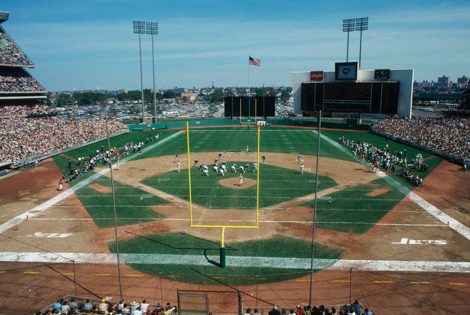 A general view shows the New York Jets playing at Shea Stadium circa 1980 in Flushing, New York