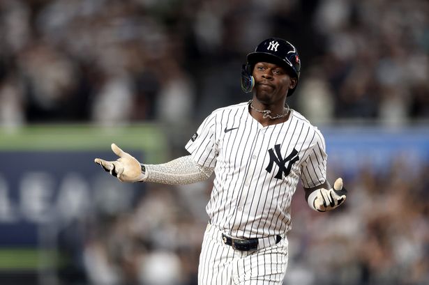 New York Yankees infielder Jazz Chisholm Jr. rounds the bases after hitting a home run in the playoffs