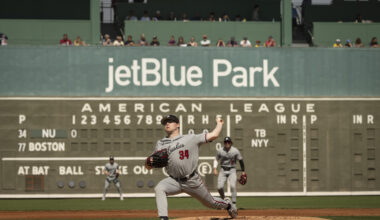 Northeastern pitcher Max Gitlin throws a pitch during the first inning of the Huskies' spring training game against the Red Sox at JetBlue Park.