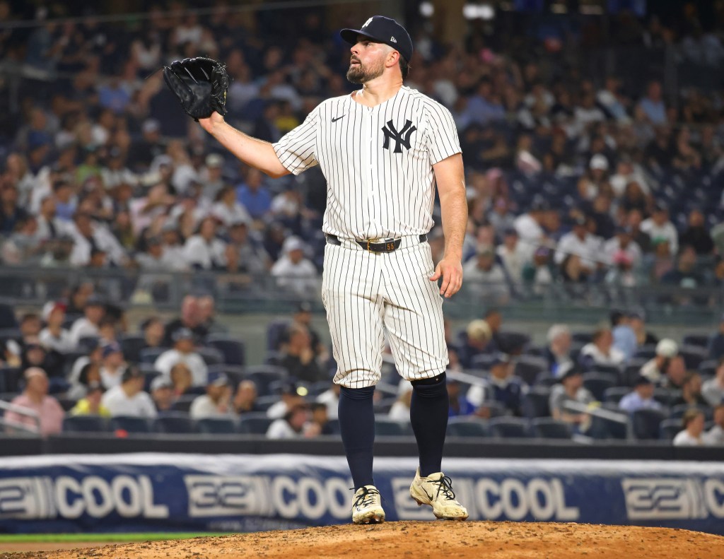 New York Yankees pitcher Lou Trivino on the mound.
