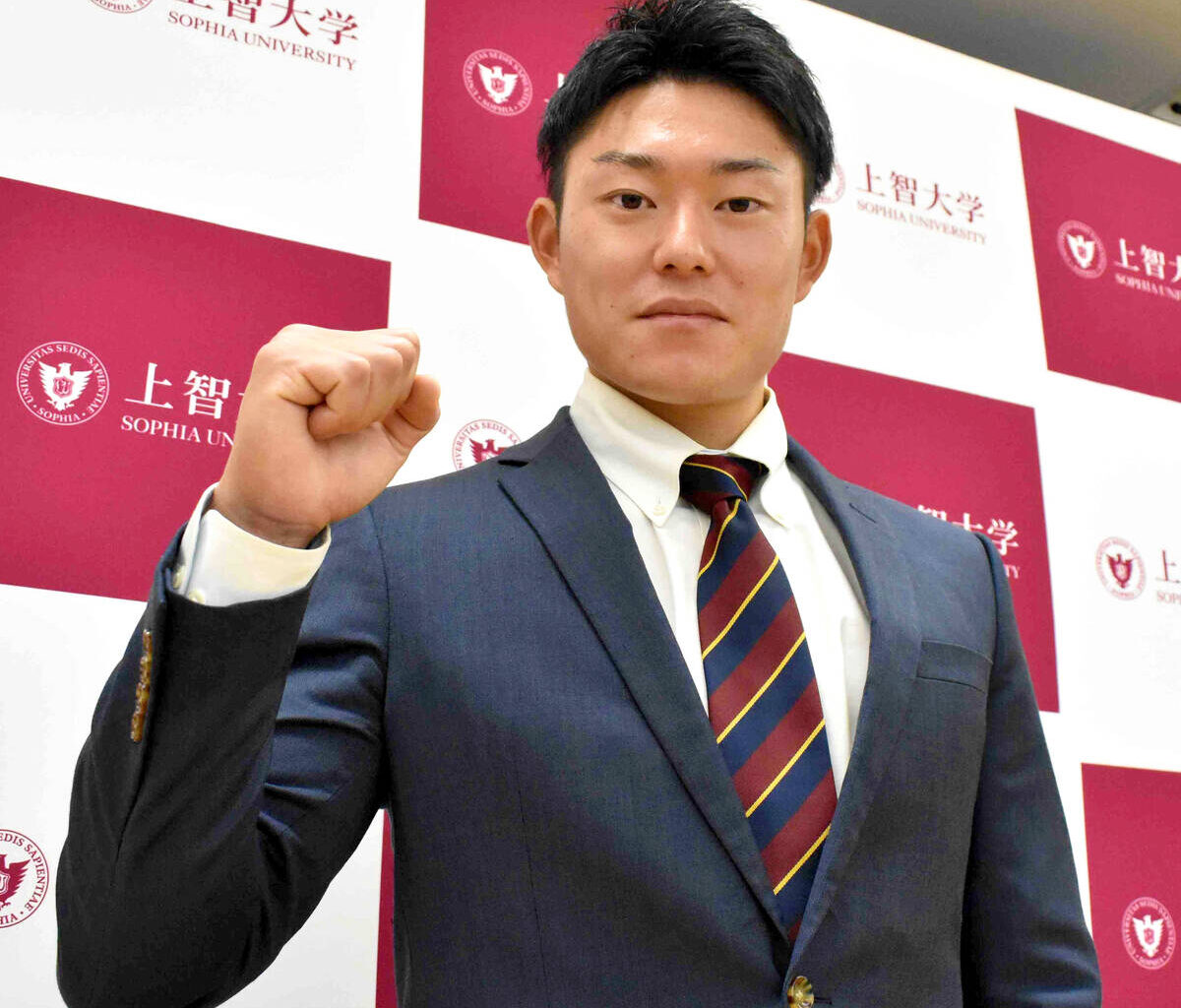 Sophia University pitcher Yuma Masaki (4th year, Redmond High School) was selected by Saitama Seibu Lions as the 6th pick in the draft and participated in a press conference (photographer: Yui Kitamura)