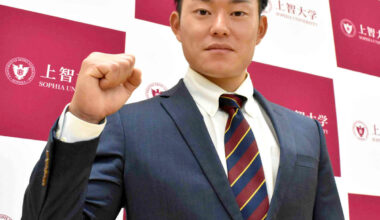 Sophia University pitcher Yuma Masaki (4th year, Redmond High School) was selected by Saitama Seibu Lions as the 6th pick in the draft and participated in a press conference (photographer: Yui Kitamura)