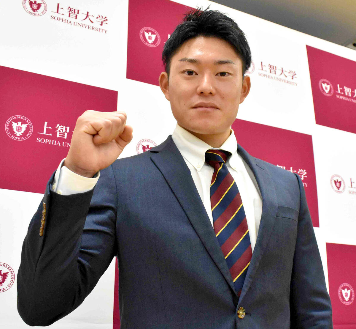 Sophia University pitcher Yuma Masaki (4th year, Redmond High School) was selected by Saitama Seibu Lions as the 6th pick in the draft and participated in a press conference (photographer: Yui Kitamura)