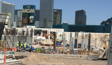 Crews work on the Athletics' Las Vegas ballpark on Friday, Sept. 19, 2025. (Mick Akers/Las Vega ...
