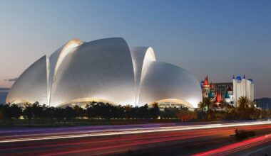 An artist rendering of the Athletics' planned Las Vegas ballpark shown during a March 6, 2025, ...