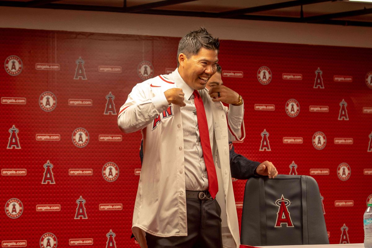 Kurt Suzuki addresses the media as he's introduced as Angels Manager alongside Angels GM Perry Minasian.