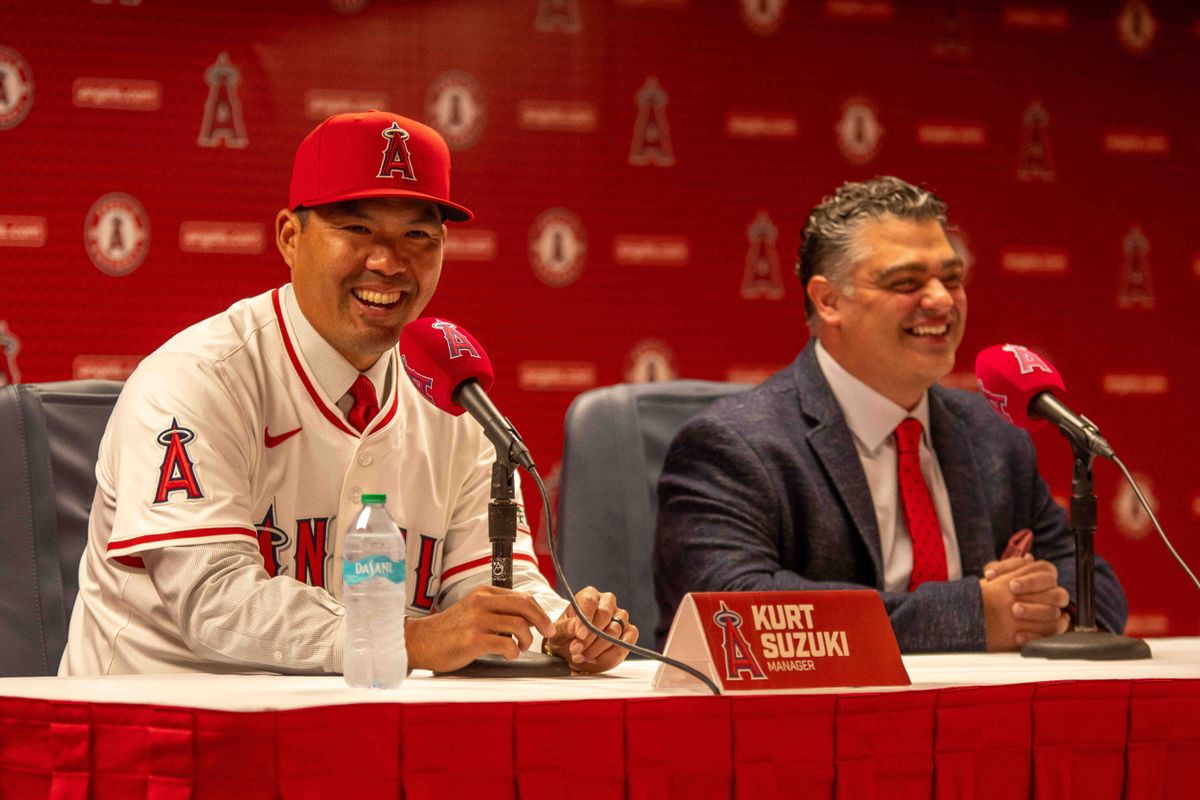 Kurt Suzuki introduced as Angels Manager alongside Angels GM Perry Minasian.