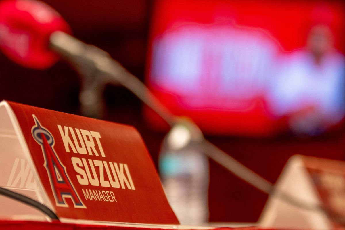 Kurt Suzuki introductory press conference as the Los Angeles Angels Manager at Angels Stadium.