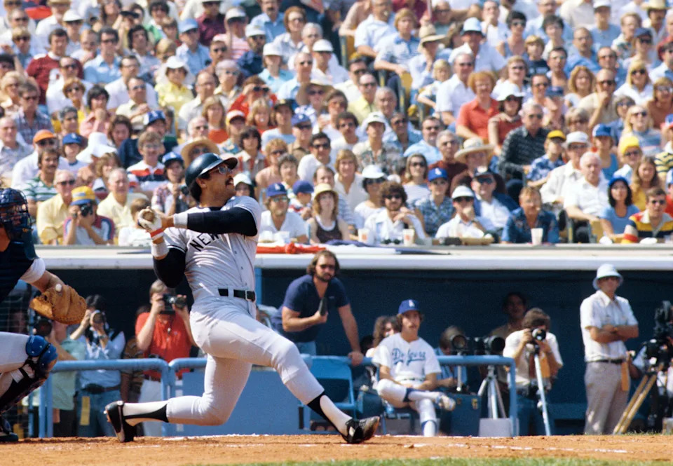 Oct 1977; Los Angeles, CA, USA; FILE PHOTO; New York Yankees right fielder Reggie Jackson in action against the Los Angeles Dodgers during the 1977 World Series at Dodger Stadium. New York defeated Los Angeles to win the series in six games.