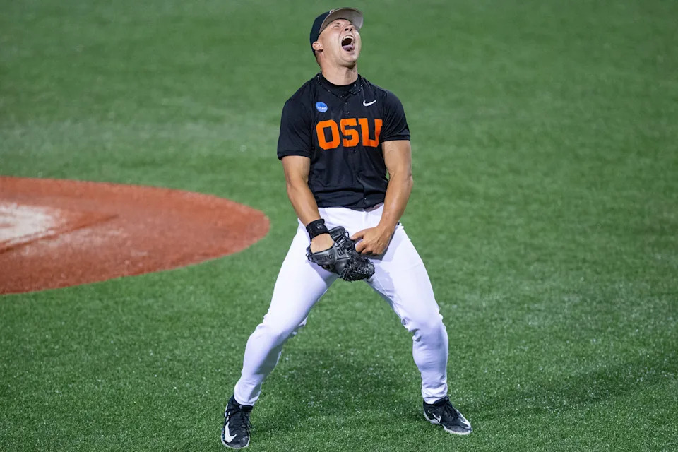 Oregon State's Nelson Keljo celebrates defeating Florida State 14-10 and a trip to Omaha in game three of the Corvallis Super Regional of the NCAA Tournament at Goss Stadium on June 8.
