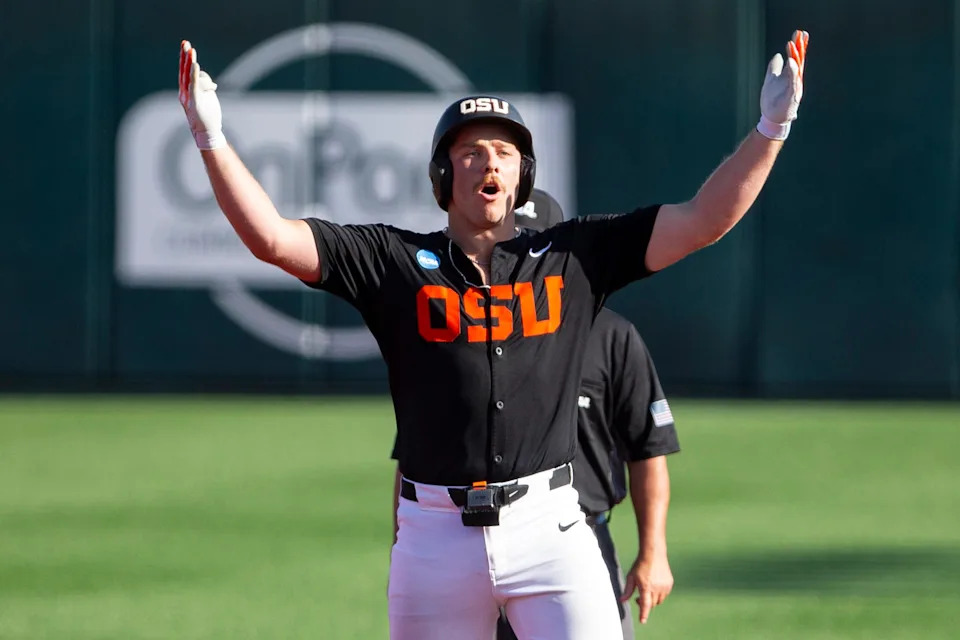 Oregon State's Wilson Weber celebrates hitting a double during game one of the Corvallis Super Regional of the NCAA Tournament at Goss Stadium on June 6.