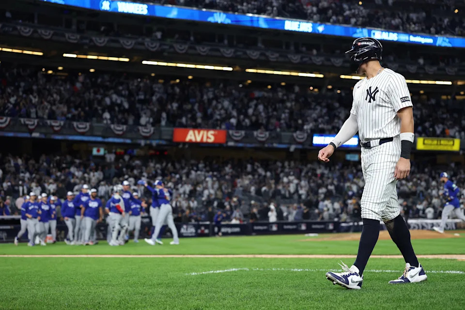 Aaron Judge did his part, but the Yankees came up short in the ALDS against the Blue Jays. (Photo by Al Bello/Getty Images)