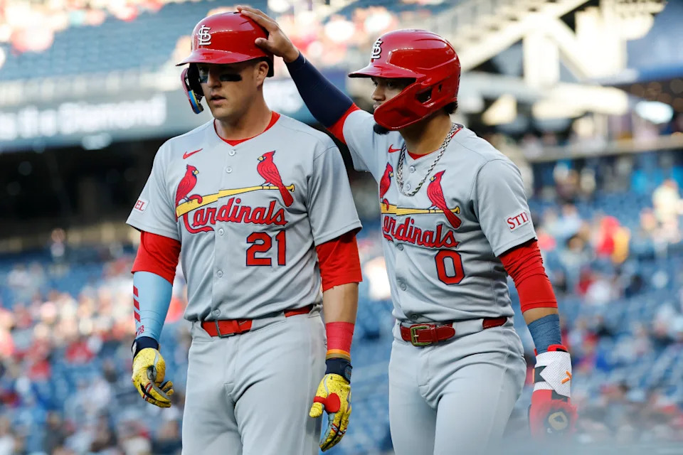 Cardinals outfielder Lars Nootbaar (21) and shortstop Masyn Winn (0)Geoff Burke-Imagn Images