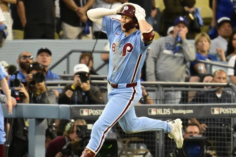 Philadelphia Phillies right fielder Nick Castellanos reacts after grounding out in the 10th inning against the Los Angeles Dodgers in Game 4 of the National League Division Series on Thursday at Dodger Stadium in Los Angeles. Photo by John McCoy/UPI