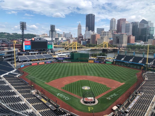 The view of the Pittsburgh skyline as seen from the PNC Park press box prior to a Red Sox vs. Pirates game in 2022. (Mac Cerullo/Boston Herald)