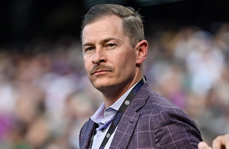 Walker Monfort looks on prior to a ceremony commemorating former Colorado Rockies player and 2024 Hall of Fame inductee Todd Helton
