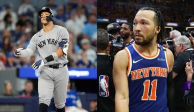 Minnesota Timberwolves Karl-Anthony Towns throws out the first pitch prior to the game between the Baltimore Orioles and New York Yankees at Yankee Stadium.