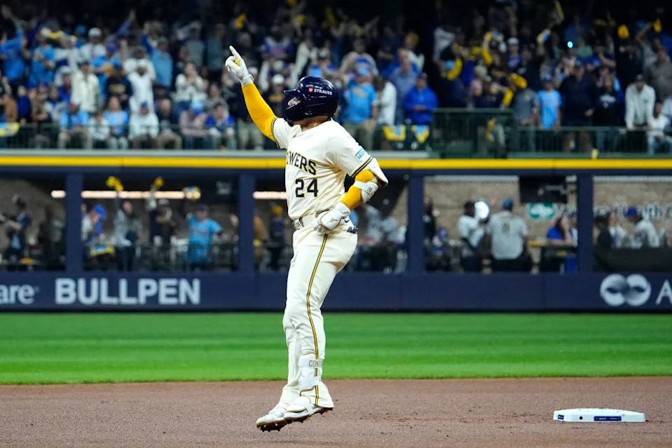 William Contreras celebrates after hitting a solo home run in the first inning of the Brewers’ Game 5 series-clinching win over the Cubs. Michael McLoone-Imagn Images