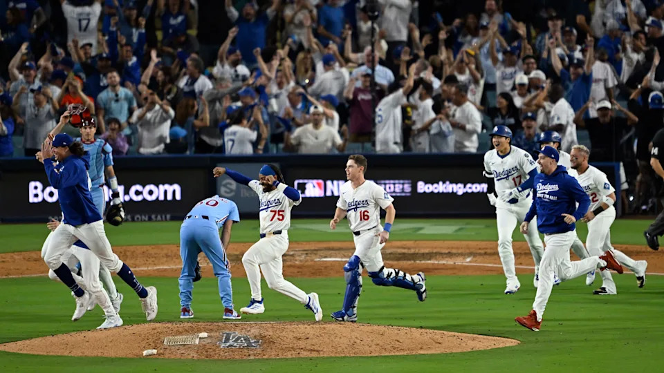 The Los Angeles Dodgers celebrate their walk-off 11th inning victory over the Philadelphia Phillies to advance to the 2025 NLCS. (Photo by Keith Birmingham/MediaNews Group/Pasadena Star-News via Getty Images)