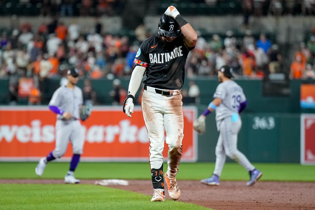 Baltimore Orioles second baseman Jackson Holliday (7) flies out in the 9th inning, giving the Colorado Rockies the win at Oriole Park at Camden Yards in Baltimore, Md. on Friday, July 25, 2025.