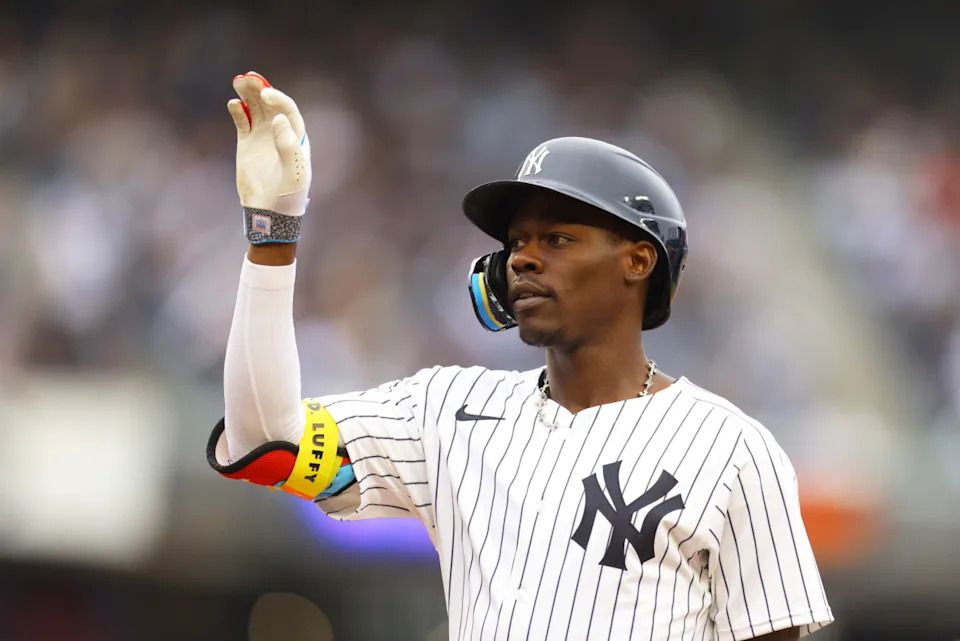 NEW YORK, NEW YORK - MARCH 30: Jazz Chisholm Jr. #13 of the New York Yankees reacts after hitting a single in the sixth inning against the Milwaukee Brewers at Yankee Stadium on March 30, 2025 in New York City. (Photo by Mike Stobe/Getty Images)Mike Stobe&sol;Getty Images