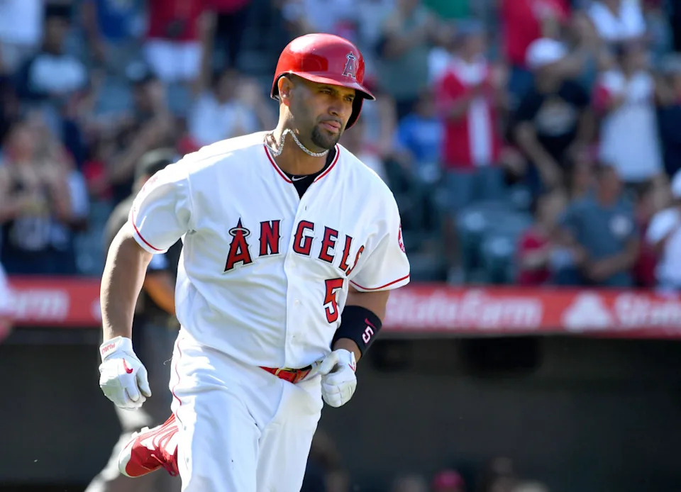 ANAHEIM, CA - APRIL 06: Albert Pujols #5 of the Los Angeles Angels of Anaheim rounds the bases after hitting a solo home run in the seventh inning of the game against the Texas Rangers at Angel Stadium of Anaheim on April 6, 2019 in Anaheim, California. (Photo by Jayne Kamin-Oncea/Getty Images)