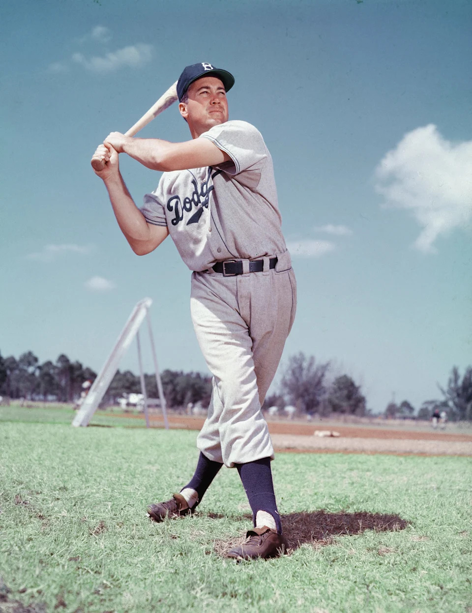 Duke Snider, sporting a Brooklyn Dodgers uniform and standing in a batting pose, circa 1955.