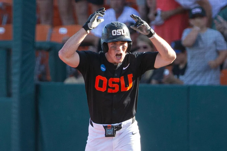 Oregon State's Dallas Macias celebrates reaching first base during game one of the Corvallis Super Regional of the NCAA Tournament at Goss Stadium on June 6.