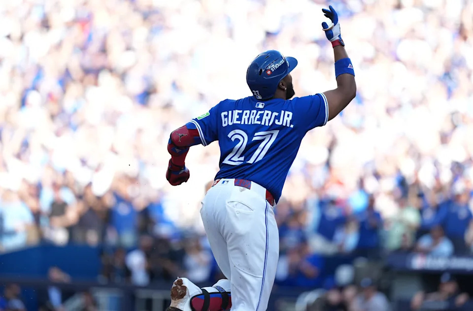 Oct 4, 2025; Toronto, Ontario, CAN; Toronto Blue Jays first baseman Vladimir Guerrero Jr. (27) celebrates after hitting a home run in the first inning against the New York Yankees during game one of the ALDS round for the 2025 MLB playoffs at Rogers Centre. Mandatory Credit: Nick Turchiaro-Imagn Images