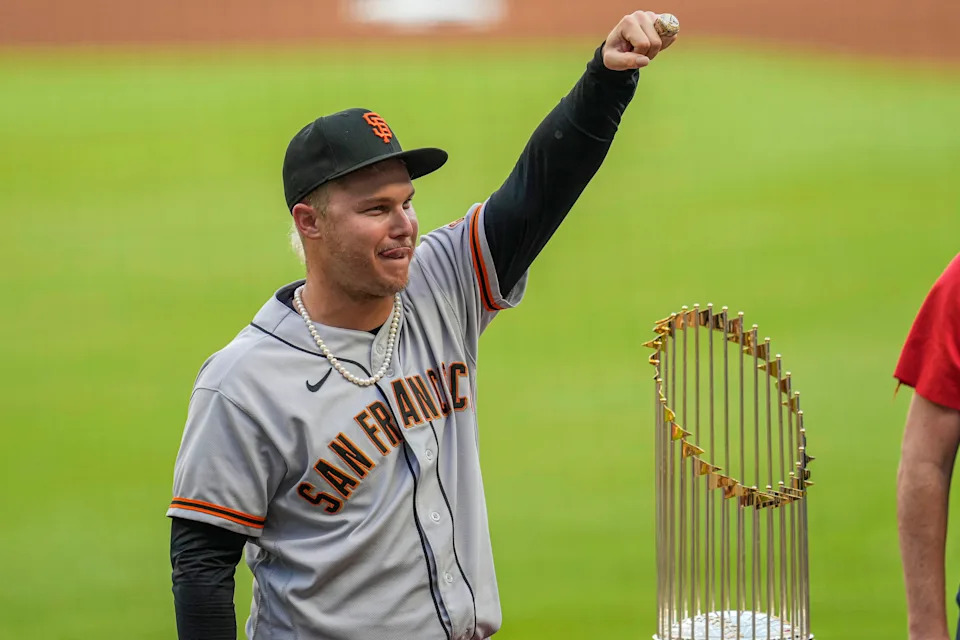 San Francisco Giants left fielder Joc Pederson displays his World Series ring.
